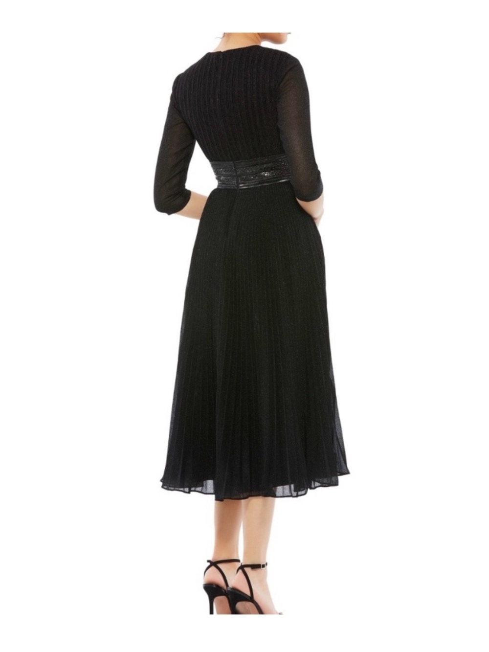Mac Duggal Black Pleated Midi Dress with Sheer Sleeves